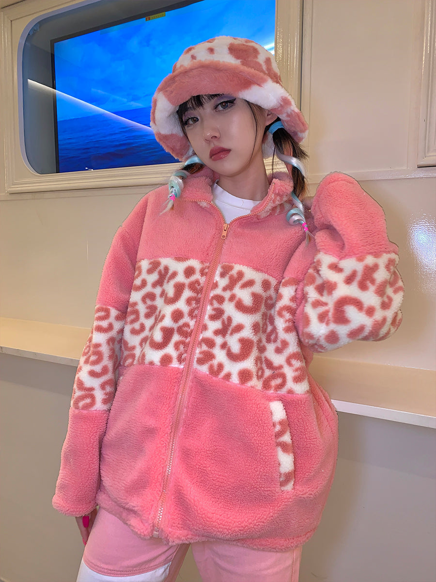 Retro Winter Plush Velvet Leopard Print Pink Blue White Jacket