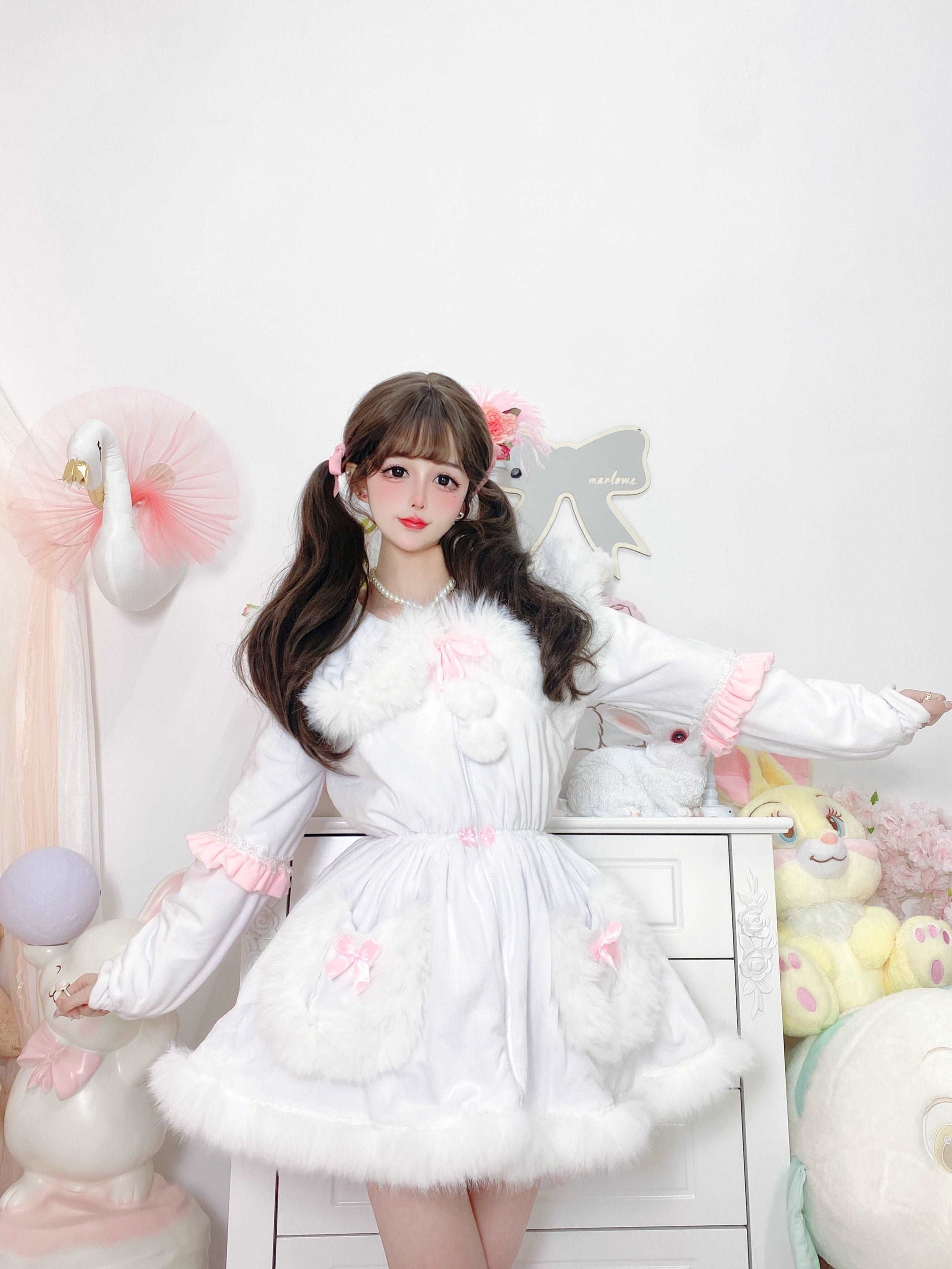 Candy Fairy Pink & White Pastel Princess Fur Plush Velvet Thick Jacket Coat Dress