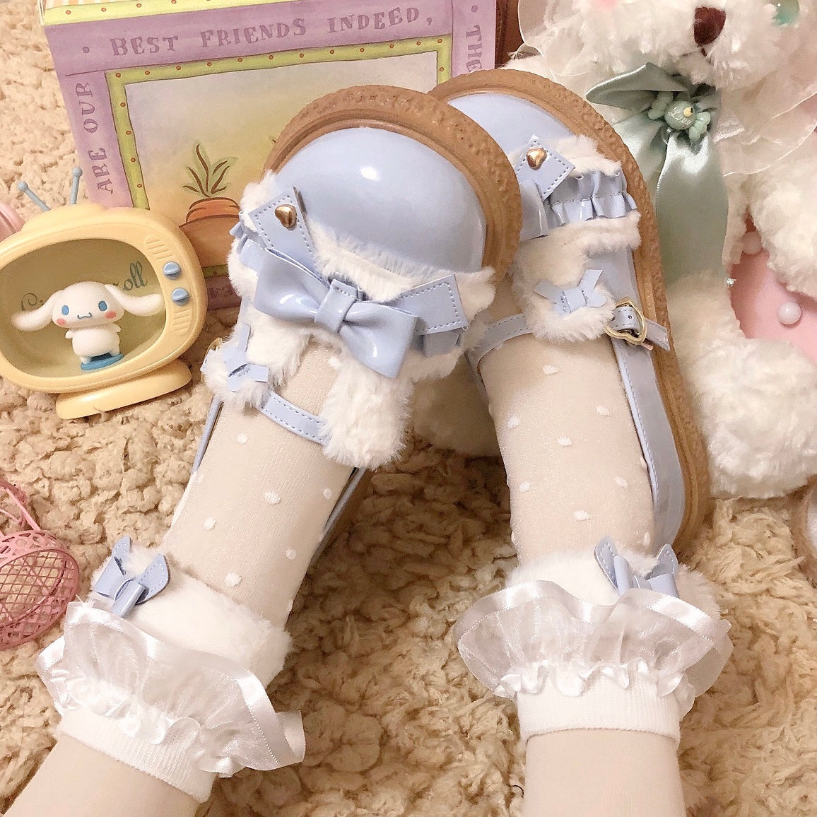 Fairy Godmother Sweet Rabbit Doll Thick Winter Velvet Fur Mary Janes Shoes