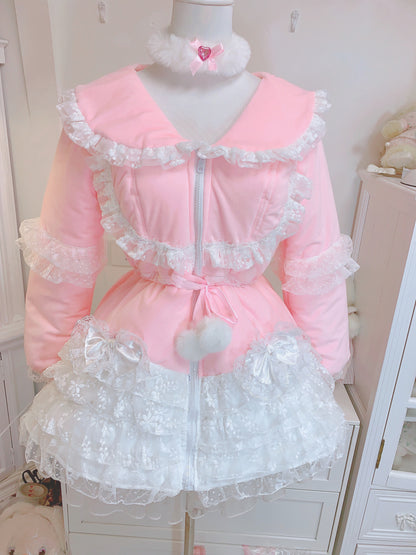 Candy Fairy Sweet Pastel Pink Princess Lace Sailor Collar Winter Padded Puffer Jacket Coat Dress