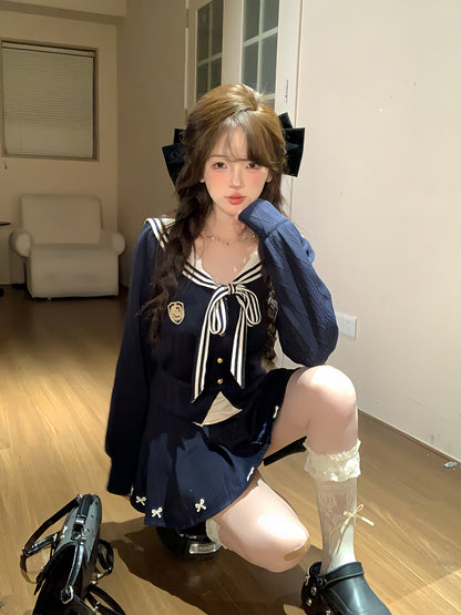 Creamy Sweet Manhwa Navy Blue Sailor Collar Sweater & Skirt Two Piece Set