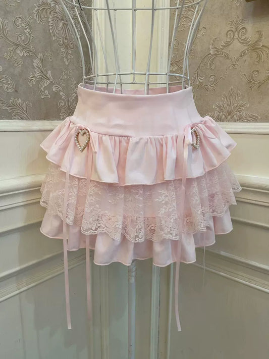 Sweetheart Princess Pink Lace Heart Mini Ruffle Skirt