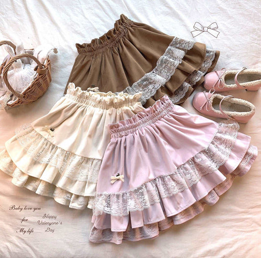 Dormir Doll EGL Velvet Ruffled Lace Pink Beige Brown Elastic Skirt