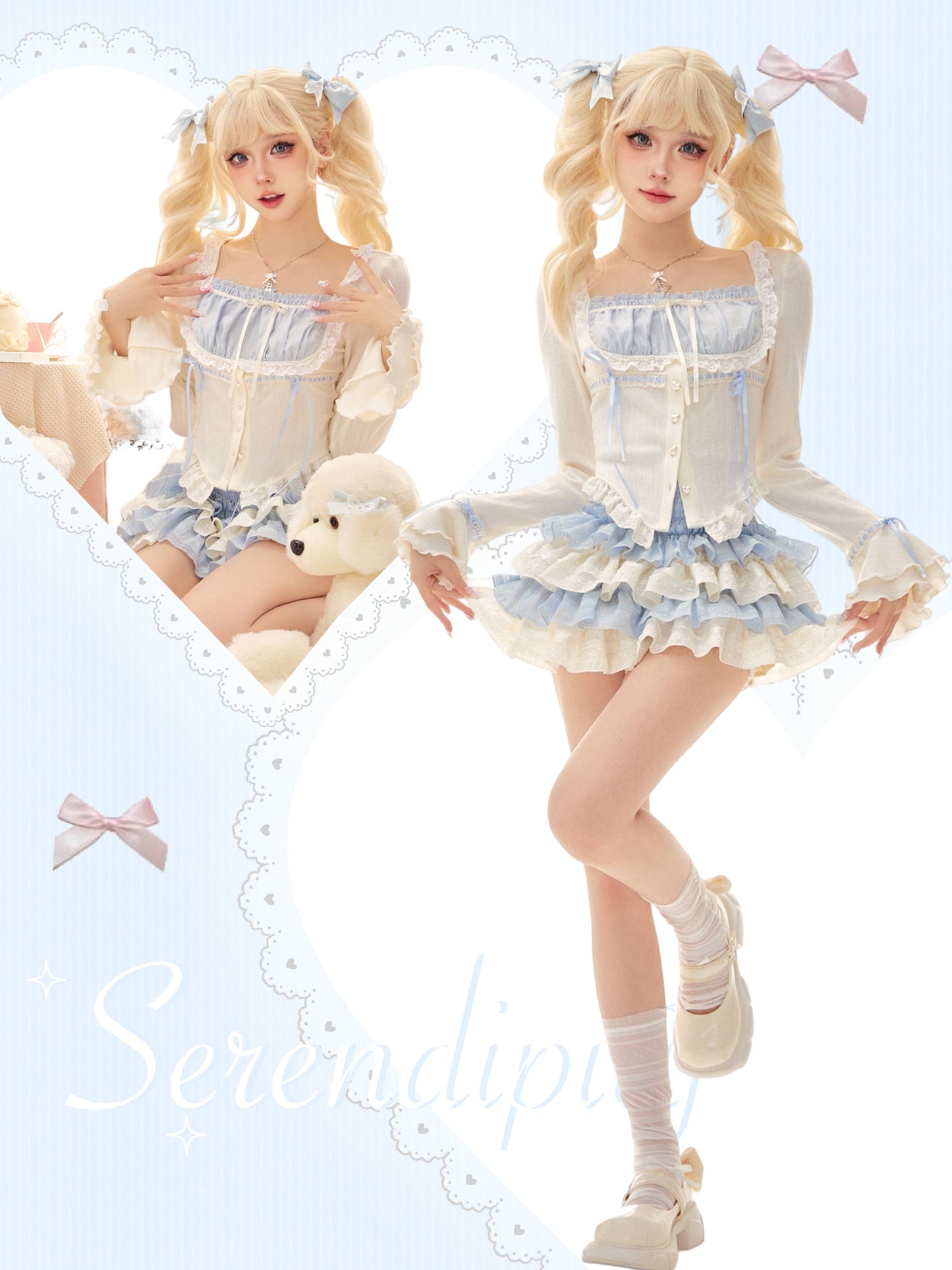 Serendipity Love Hime Lace Blue White Blouse Shirt & Ruffled Cake Skirt Two Piece Set