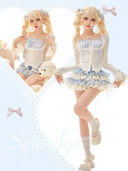 Serendipity Love Hime Lace Blue White Blouse Shirt & Ruffled Cake Skirt Two Piece Set