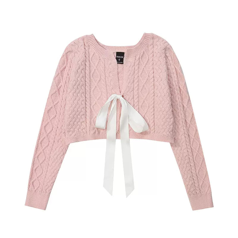 Serendipity Sweet Girl Winter Pink White Bow Knit Little Cardigan