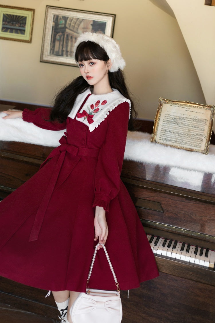 Unknown Star Tulip Woolen Lolita White Cream Crimson Red Winter Coat Dress