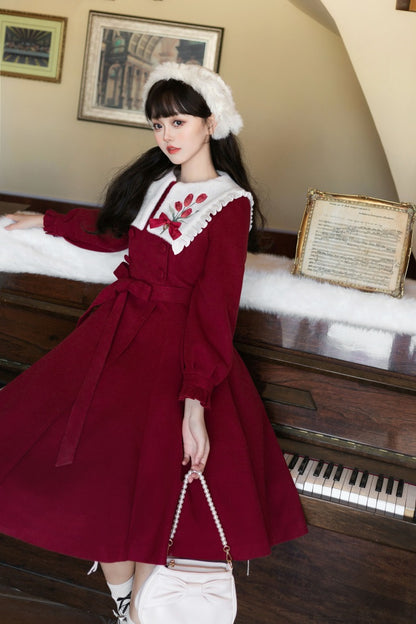 Unknown Star Tulip Woolen Lolita White Cream Crimson Red Winter Coat Dress