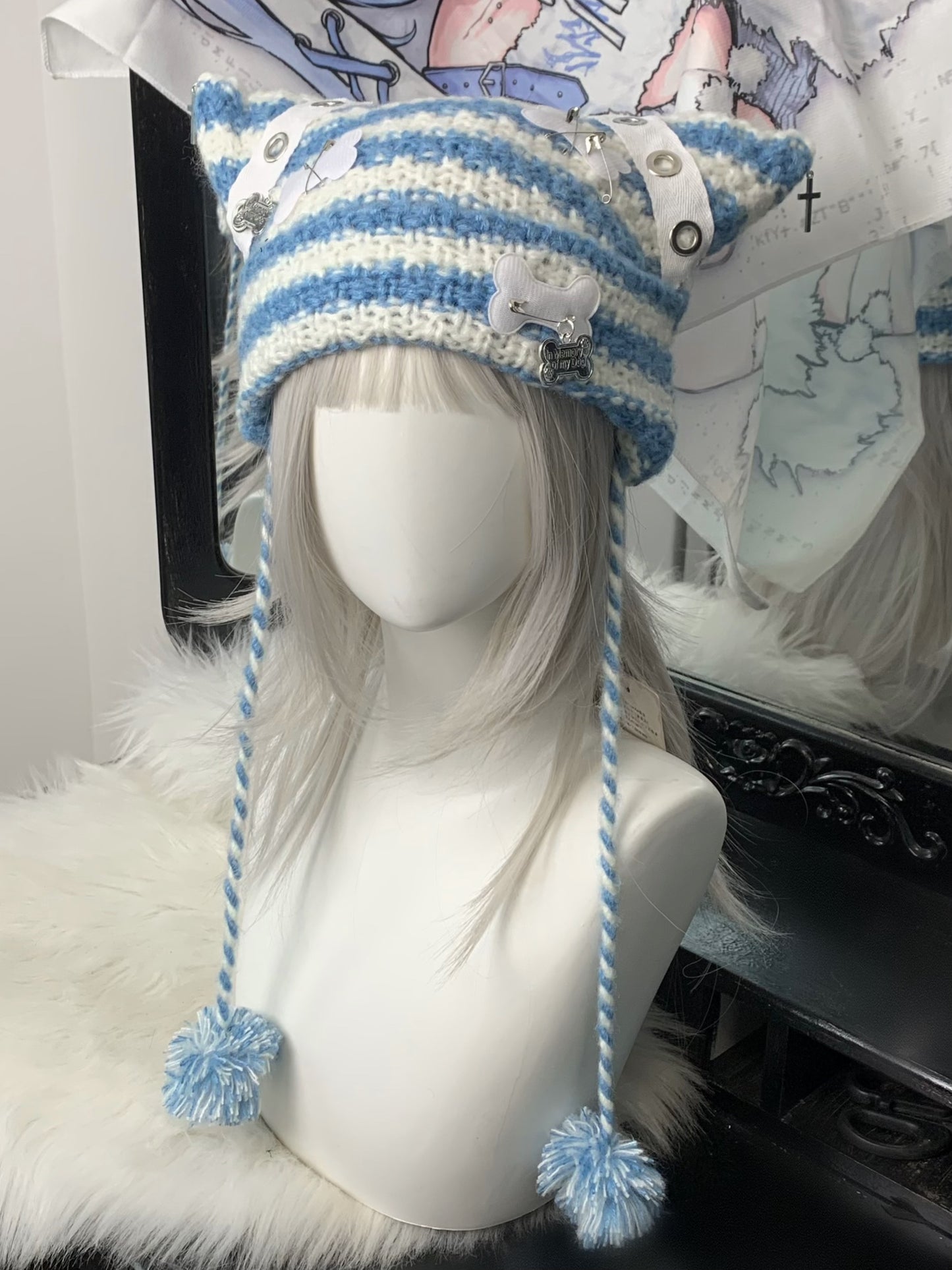 Y2K Handmade Knit Cross Skull Striped Cute Winter Hats Beanie