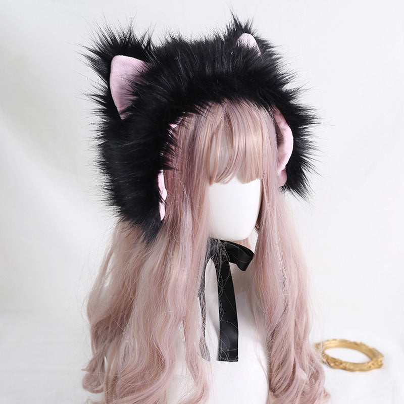 Winter Lolita White & Black Cat Ears Cute Handmade Fur Hats Headband