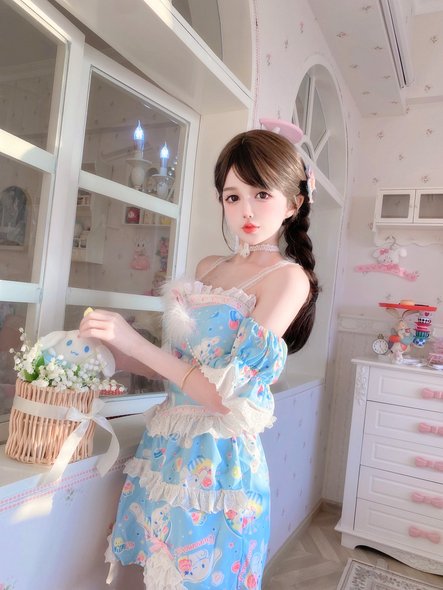 Candy Fairy Cute Blue Cinnamon Dog Lace Camisole Puff Sleeve Top & Skirt Pajamas Two Piece Set