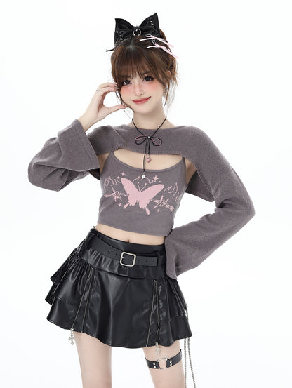 Crazy Girl Law of Attraction Butterfly Gray Pink Camisole Knit Shirt Two Piece Top