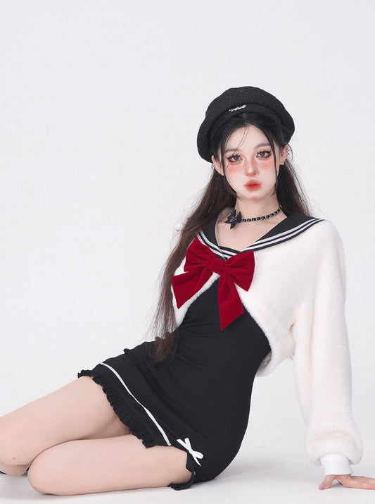 Young Eyes Black Bondycon Spaghetti Strap Dress & Plush White Sailor Collar Jacket Two Piece Set