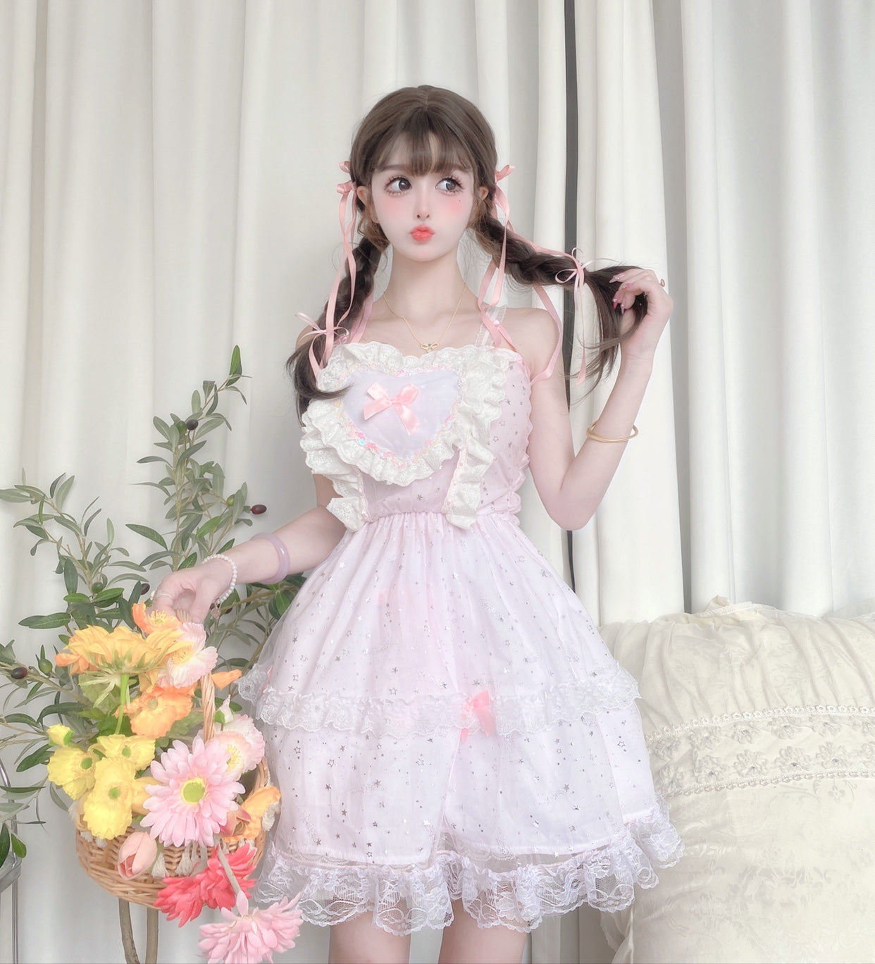 Candy Fairy Coquette Sweet Girl Heart Pink Strap Ruffled Dress