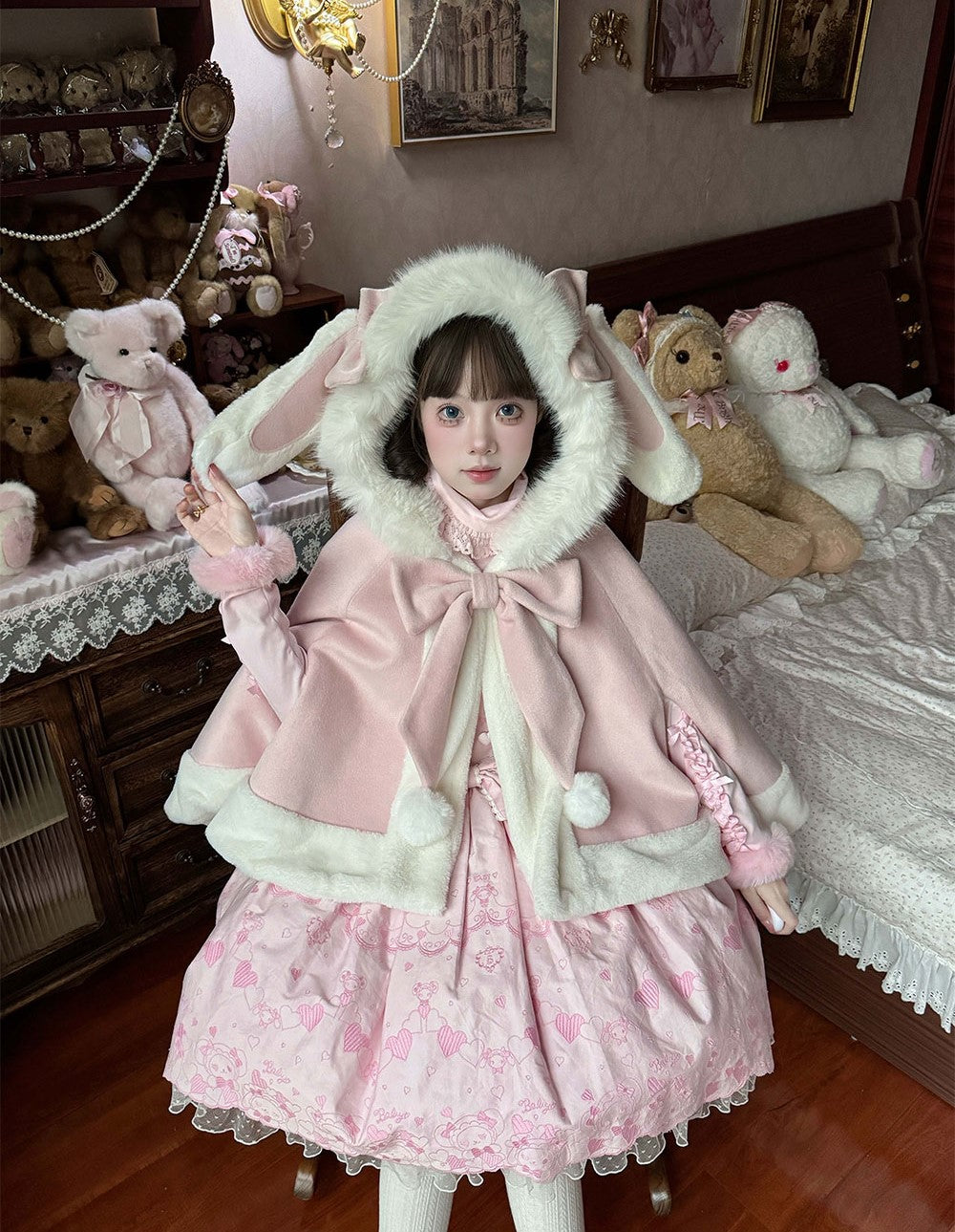 Lolita Kitten Calls Car Ears & Rabbit Ears White Pink Jacket Cape Cloak