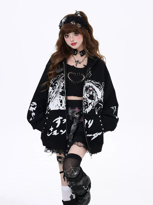 Crazy Girl Anime Girl Subculture Cream Black Jacket Hoodie