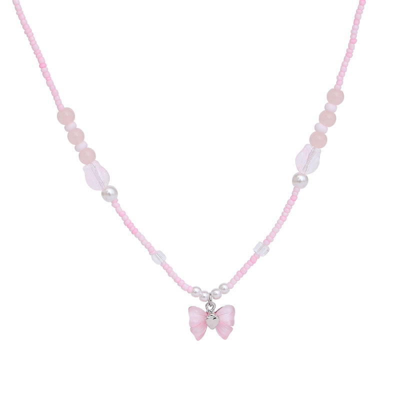 Lovely Y2K Coquette Beaded Cute Bow Love Pink Necklace