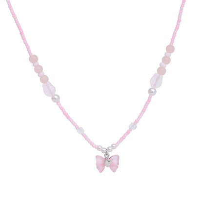 Lovely Y2K Coquette Beaded Cute Bow Love Pink Necklace