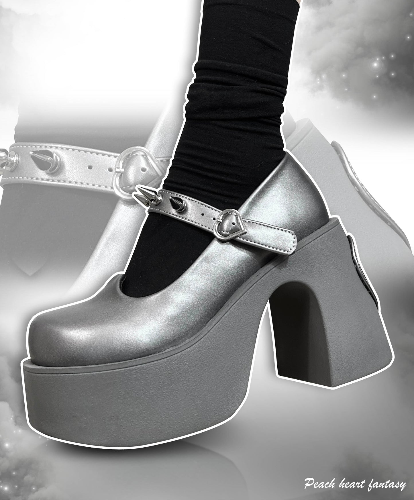 Gururu Heart Fantasy Punk Goth Y2K Mary Jane Platform High Heels Shoes