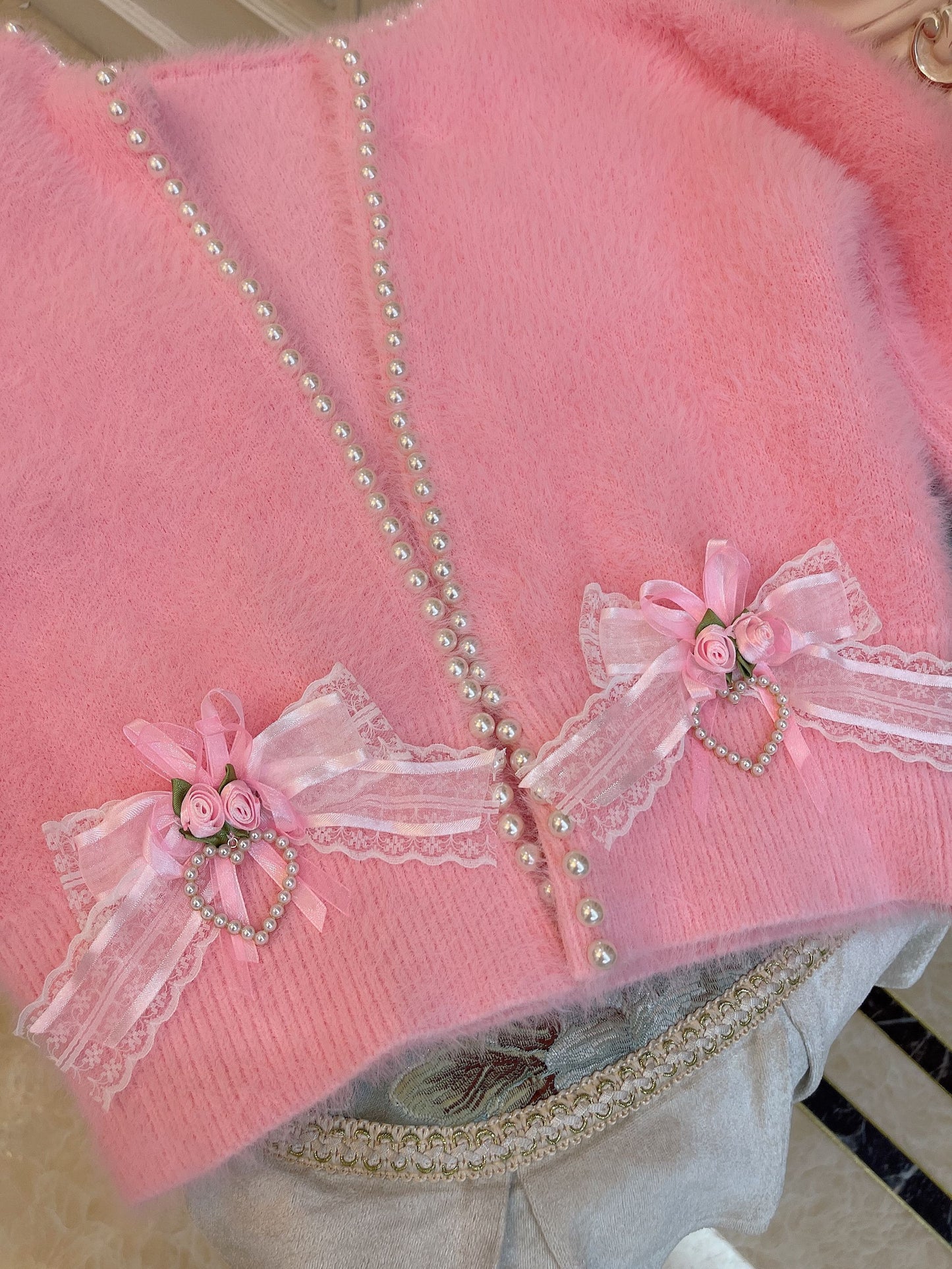 Sweetheart Princess Mohair Plush Pink Rose Lace Knit Sweater Cardigan