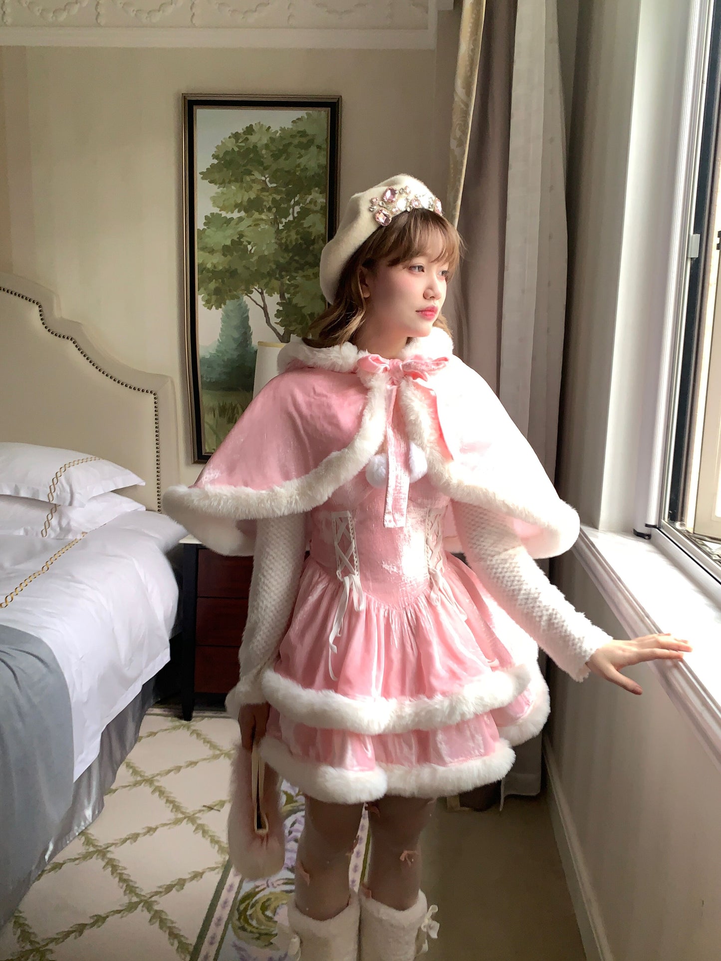 Picnic Girl Winter Christmas Holiday Sweet Lolita Pink Plush Ruffled Strap Dress & Cape Two Piece Set