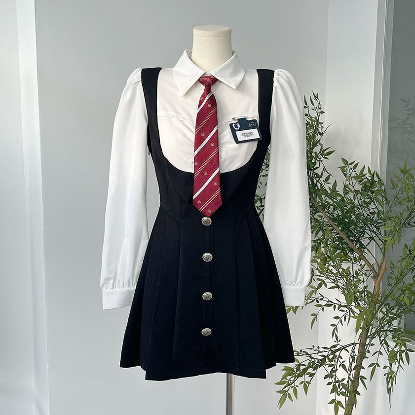 Monet Campus Heroine Dark Academia Fall Navy Blue Fake Two Piece Suspender Dress