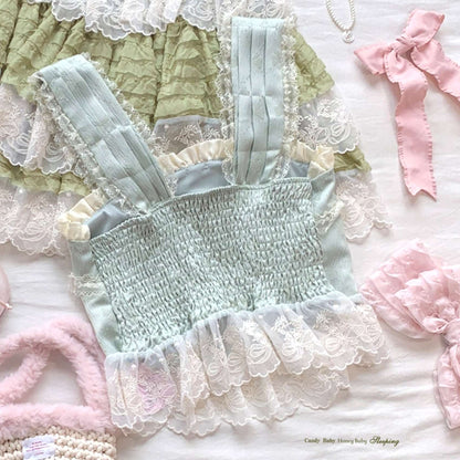 Dormir Doll Balletcore Retro Palace Lace Blue Pink Green Camisole & Skirt Two Piece Set