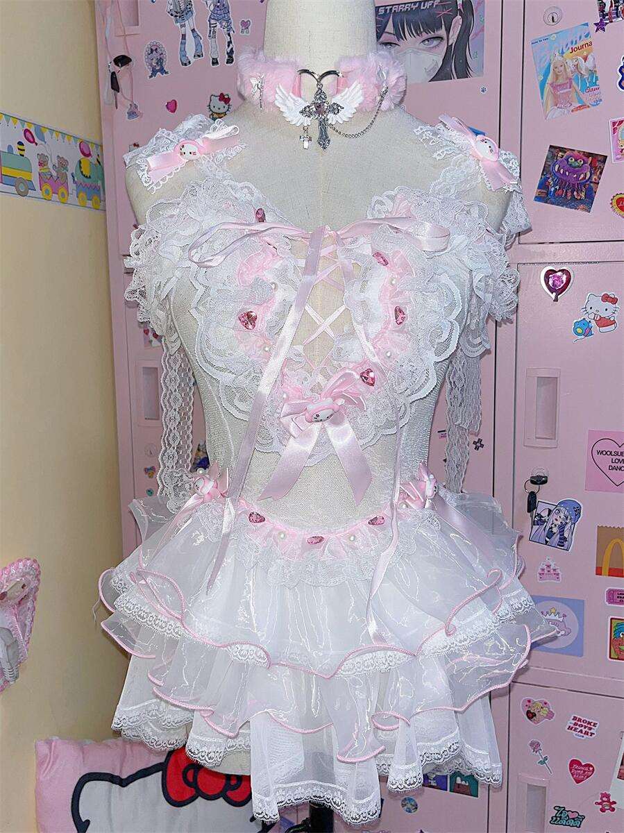 Coquette Sexy Kitty Lace White Pink Cake Dress Lingerie