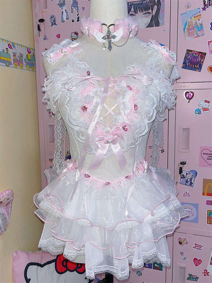 Coquette Sexy Kitty Lace White Pink Cake Dress Lingerie