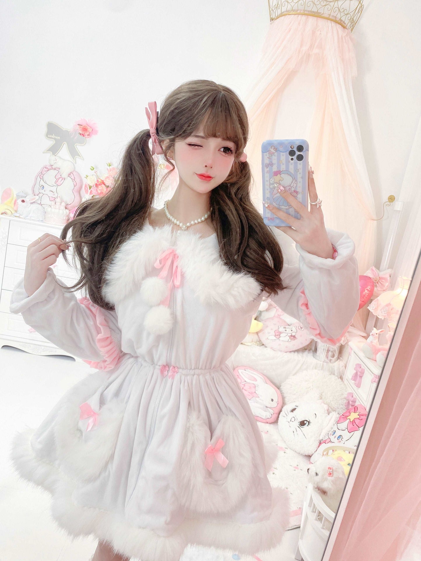 Candy Fairy Pink & White Pastel Princess Fur Plush Velvet Thick Jacket Coat Dress