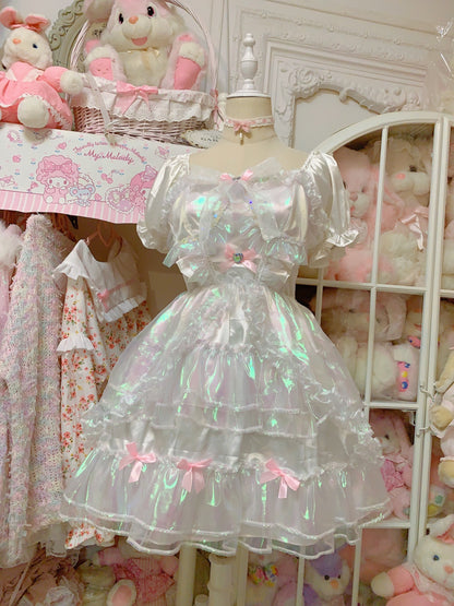 Candy Fairy Run Away Princess Sparkling Ruffled Layered Puff Sleeve White Dress