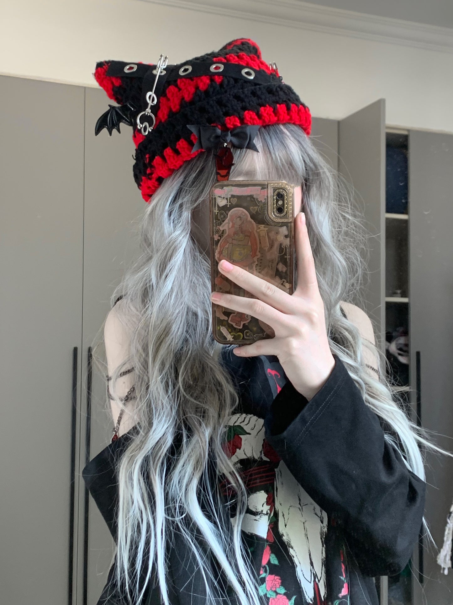 Punk Bat Girl Black White Red Gray Cat Ears Knit Hats