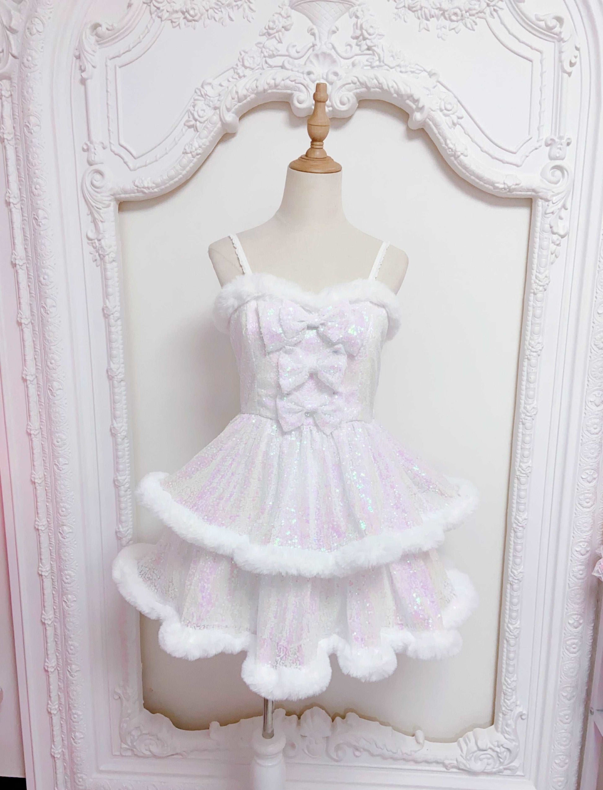 Candy Fairy Winter Princess Pink & White Ruffled Strap Dress & Hooded Cape Cloak Two Piece Set