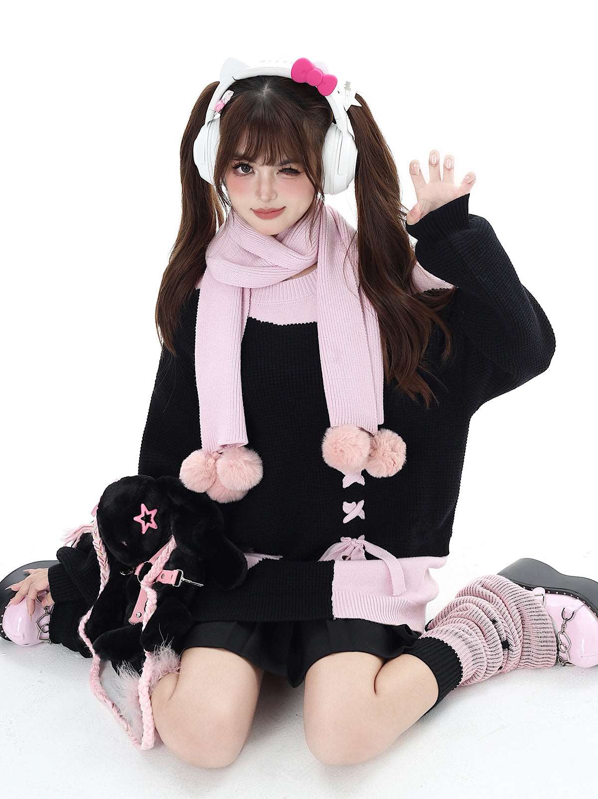 Crazy Girl Sweet Girl Knit Love Soft Pink Black With Scarf Sweater