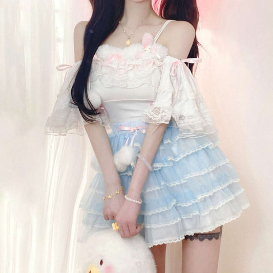 Candy Fairy Sweet White Camisole Top & Blue Ruffle Skirt Two Piece Set