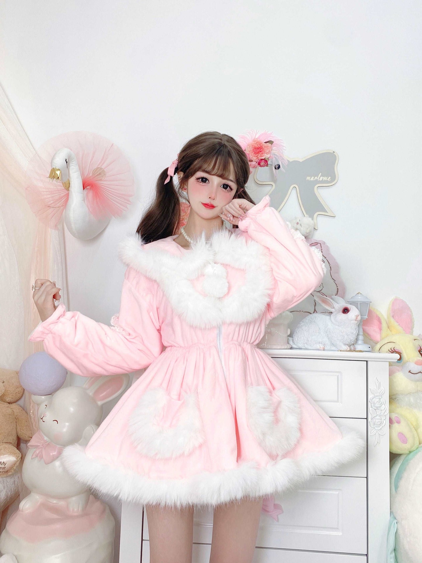 Candy Fairy Pink & White Pastel Princess Fur Plush Velvet Thick Jacket Coat Dress