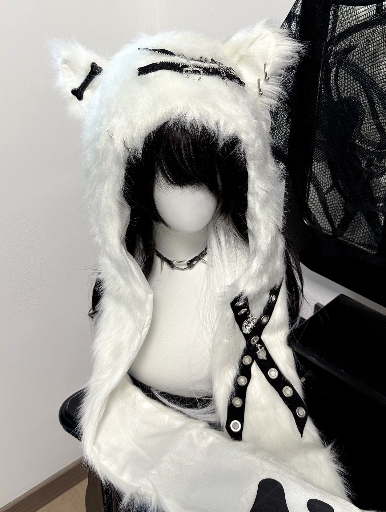 Bony Punk Y2K Black White Fuzzy Cat Ears Hats