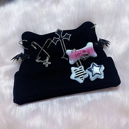 Y2K Goth Punk Handmade Knit Cross Skull Star Bone Cat Ears Winter Hats Beanie