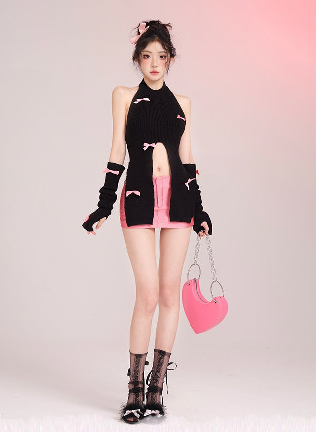 Lucia Knit Black Coquette Bow Turtleneck Sweater Top & Pink Mini Skirt Two Piece Set