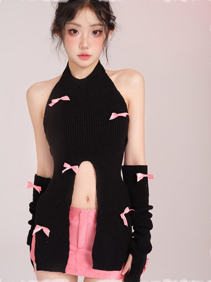 Lucia Knit Black Coquette Bow Turtleneck Sweater Top & Pink Mini Skirt Two Piece Set