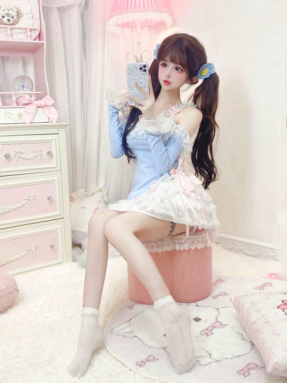 Candy Fairy Blue Bunny Top & White Ruffle Skirt Two Piece Set