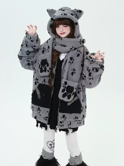 Crazy Girl Bionic Kitten Paw Print Gray Cream Plush Jacket Scarf Hat Three Piece Set