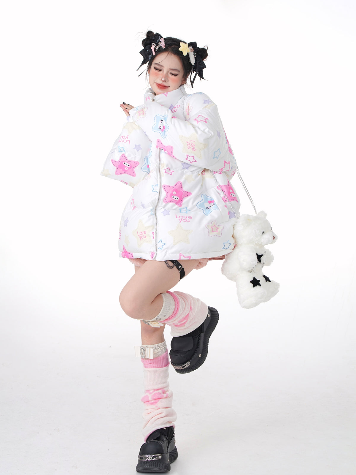 Young Eyes Winter Graffiti Kitty Melody White Puffer Jacket Coat