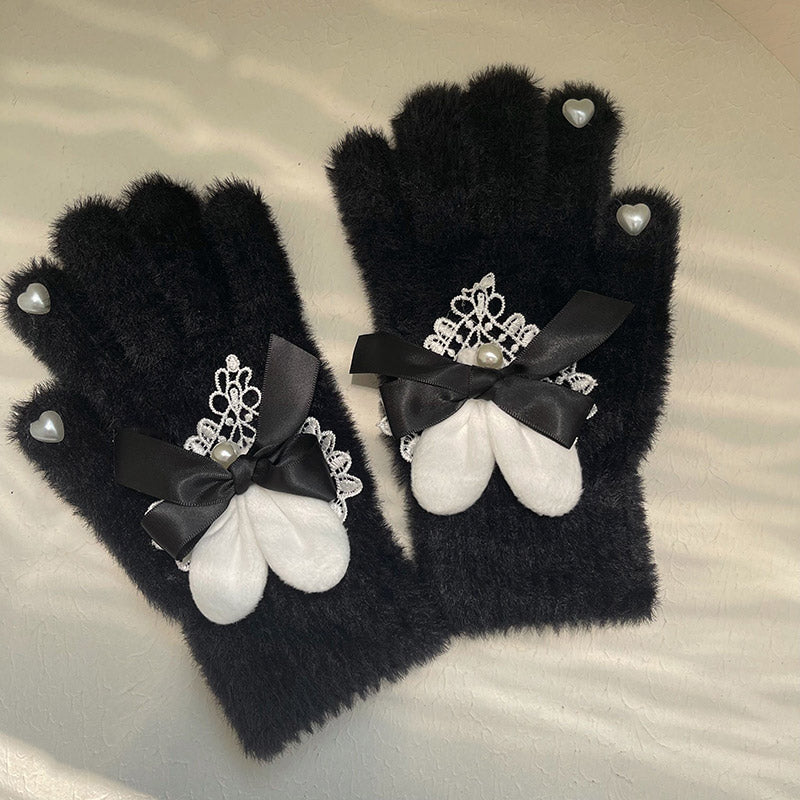 Noble Winter Rabbit Ears Bow Royal White Black Gloves