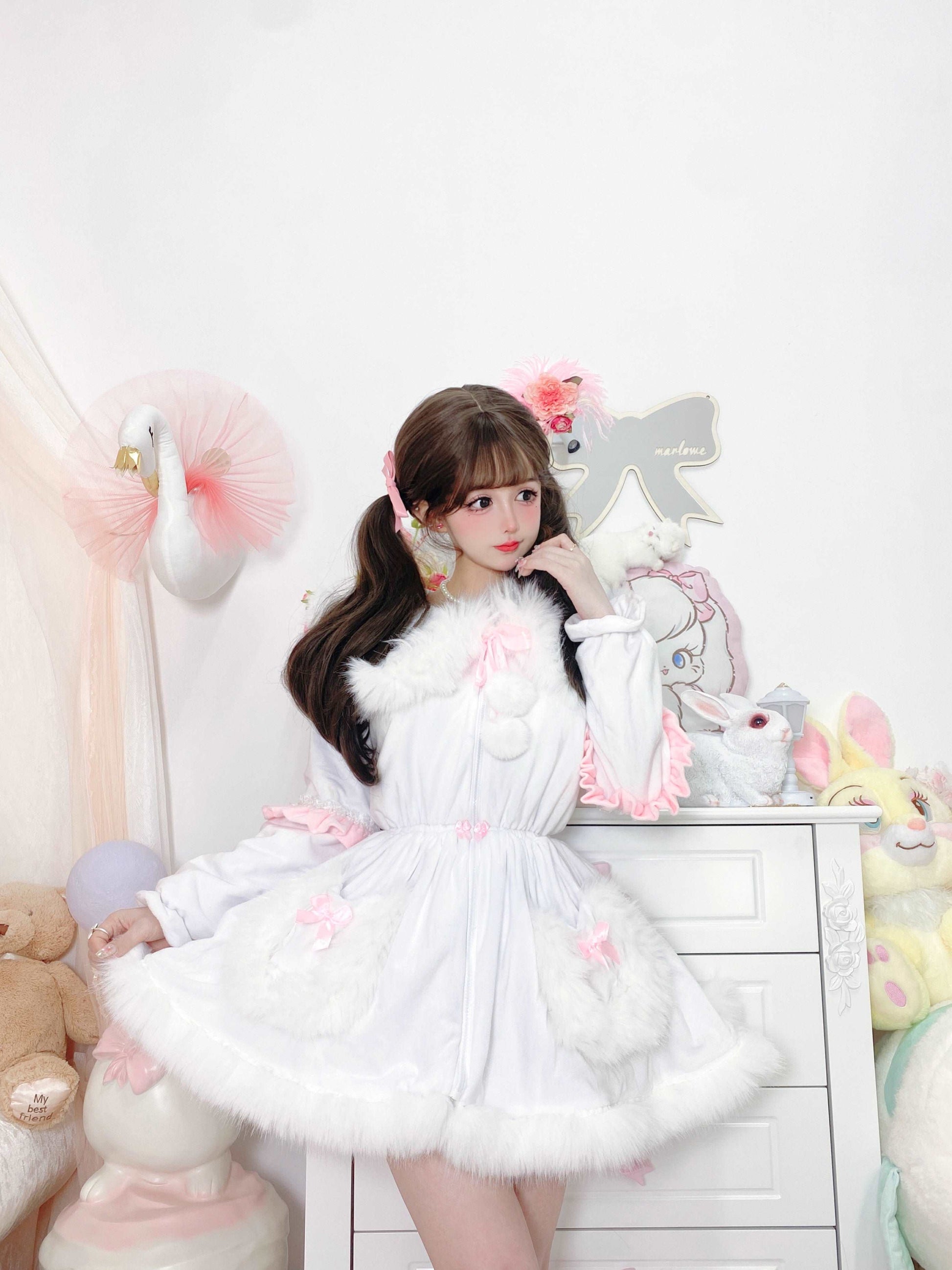 Candy Fairy Pink & White Pastel Princess Fur Plush Velvet Thick Jacket Coat Dress