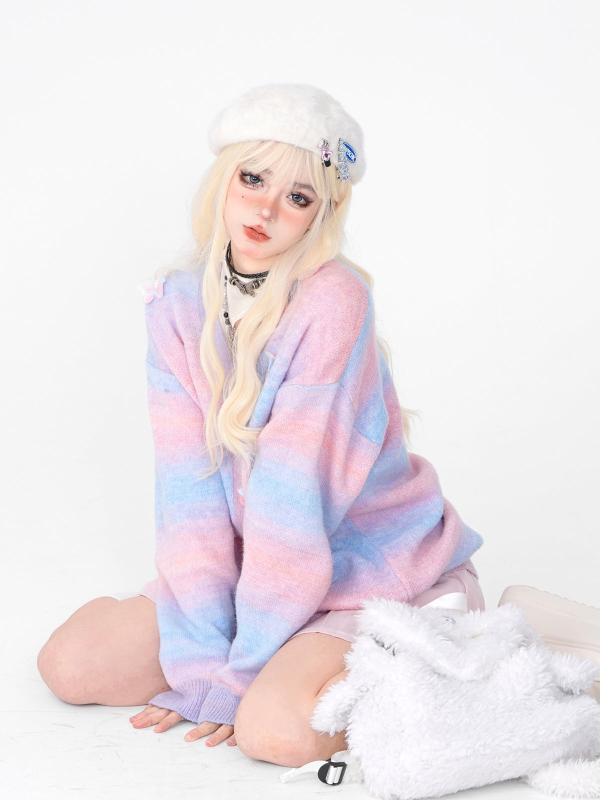 Young Eyes Pastel Blue Pink Striped Butterfly Fuzzy Cardigan