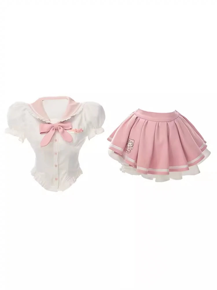 Serendipity Melo Bunny Pink Bow Sailor Collar Seifuku Shirt & Pleated Skirt Two Piece Set