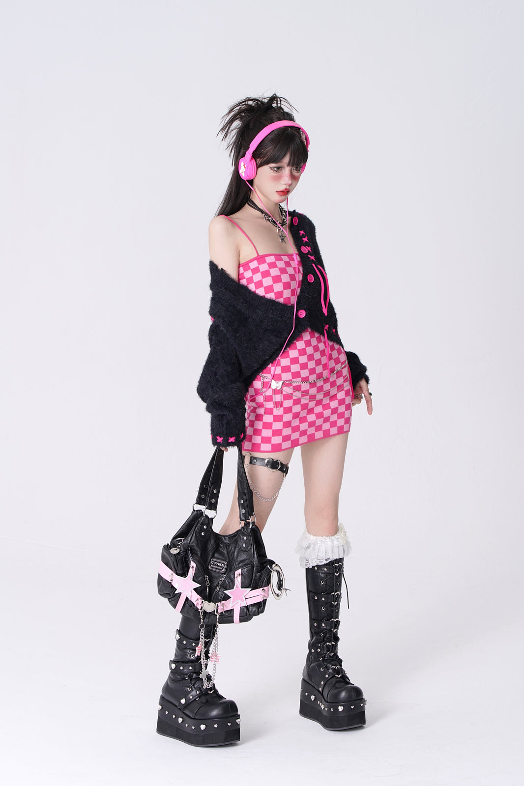 Young Eyes Hot Pink Black White Fall Checkerboard Bodycon Strap Dress & Plush Cardigan Jacket Two Piece Set