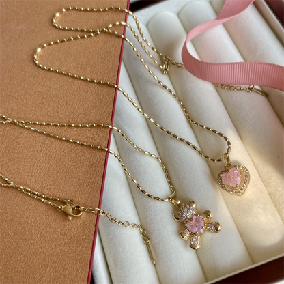 Pink Crystal Diamond Gold Heart Bear Necklace Pendant Set