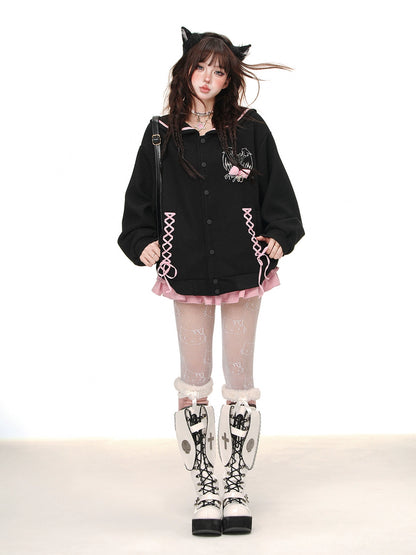 Young Eyes Heart Signal Sailor Collar Black Jacket Sweater